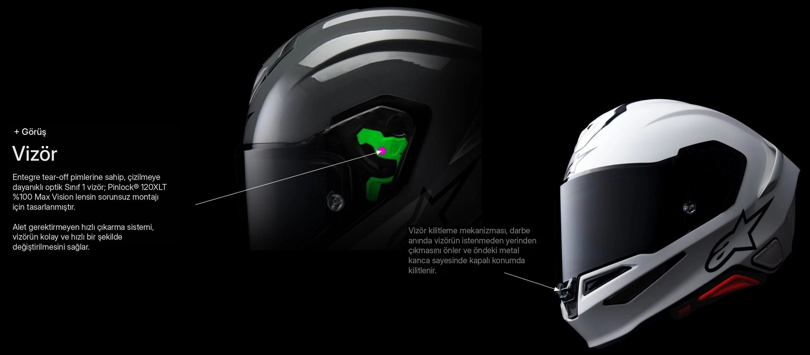 Alpinestars S-R7 vizör kilitleme mekanizması ve hızlı çıkarma sistemi